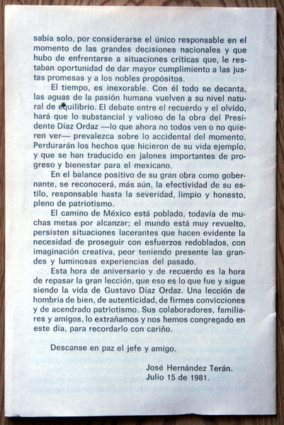 Gustavo Díaz Ordaz. 15 Julio 1981.